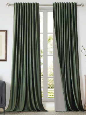 100% Full Blackout Olive Green Velvet Curtains 108 inch Long for Living Room,Set of 2 Liner Rod Pocket Back Tab Thermal Window Curtains Room Darkening Heavy Decorative Curtains Drapes for Bedroom