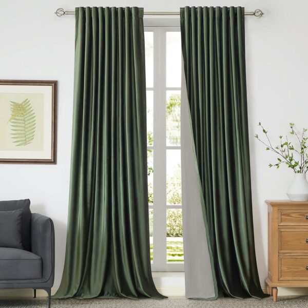 100% Full Blackout Olive Green Velvet Curtains 108 inch Long for Living Room,Set of 2 Liner Rod Pocket Back Tab Thermal Window Curtains Room Darkening Heavy Decorative Curtains Drapes for Bedroom