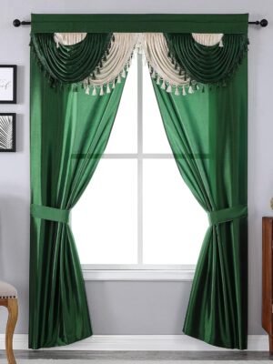 5-Piece Window Curtain Set - 54-Inch W x 84-Inch L Panels with Attached Valance and 2 Tiebacks - Green Curtains (Green)