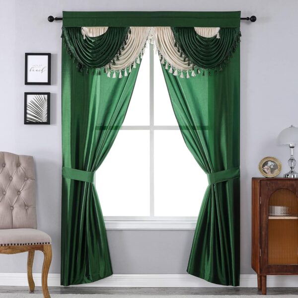 5-Piece Window Curtain Set - 54-Inch W x 84-Inch L Panels with Attached Valance and 2 Tiebacks - Green Curtains (Green)