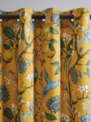 Mustard Yellow Vintage Curtains & Drapes 84 Inches Long, Grommet Luxury Whimsical Floral Lemon Hummingbird Patterned  Mid Century Colorful Blackout Drapes for Living Room Bedroom