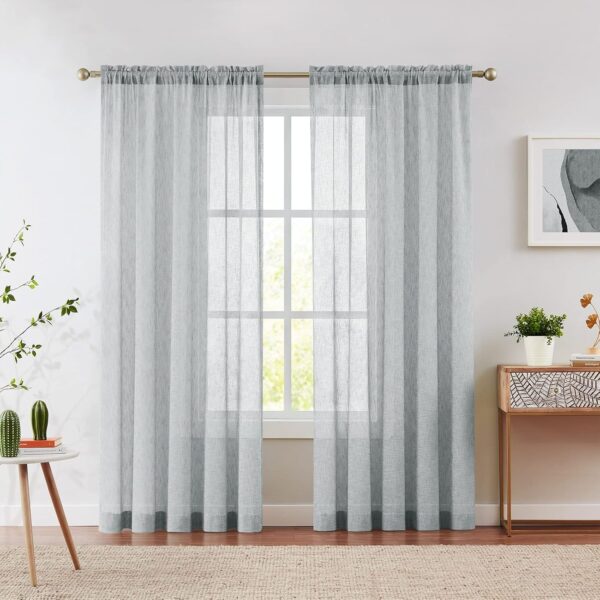 Grey Linen Sheer Curtains 84 Inches Long for Bedroom, Living Room Natural Flax Textured Light Filtering Rod Pocket Burlap Sheer Voile Drapes, 52x84 Inch, 2 Panels