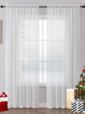 White Silver Sheer Curtains for Bedroom - Sparkle Sheer Curtains 63 Inch Length Moroccan Damask Linen Look Rod Pocket Light Filtering Semi Sheer Window Curtains, 52 x 63 Inch, 2 Panels