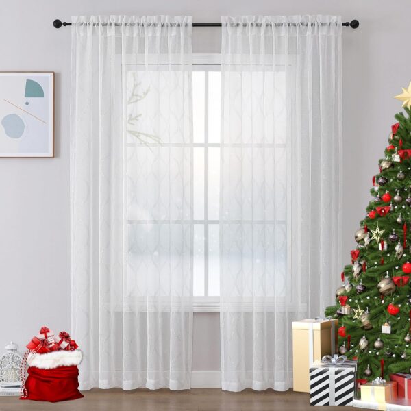 White Silver Sheer Curtains for Bedroom - Sparkle Sheer Curtains 63 Inch Length Moroccan Damask Linen Look Rod Pocket Light Filtering Semi Sheer Window Curtains, 52 x 63 Inch, 2 Panels