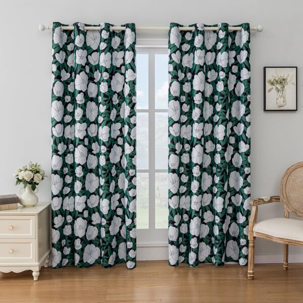 Dark Green Vintage Floral Blackout Curtains for Bedroom 84 inches Long 2 Panels Print White Flower Room Darkening Window Drapes for Living Room