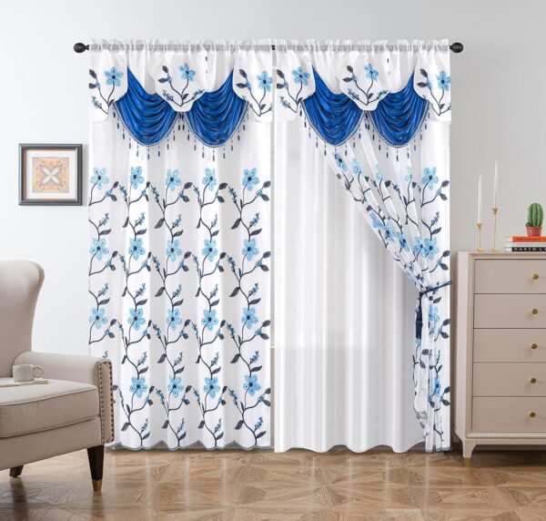 Embroidery Sheer Curtain 2 Panels Set - Luxury Window Curtain Attached Valance with Satin Backing and 2 Tie Backs for Living Room,Dining Room, 54x95 inches, Navy