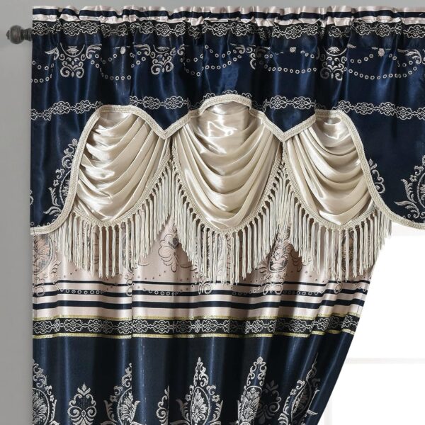 Jacquard Farmhouse Window Curtain Panel Drape with Attached Fancy Valance. 2pcs Set. Each pc 54" Wide x 90" Drop with 18" Valance. (Navy Blue)