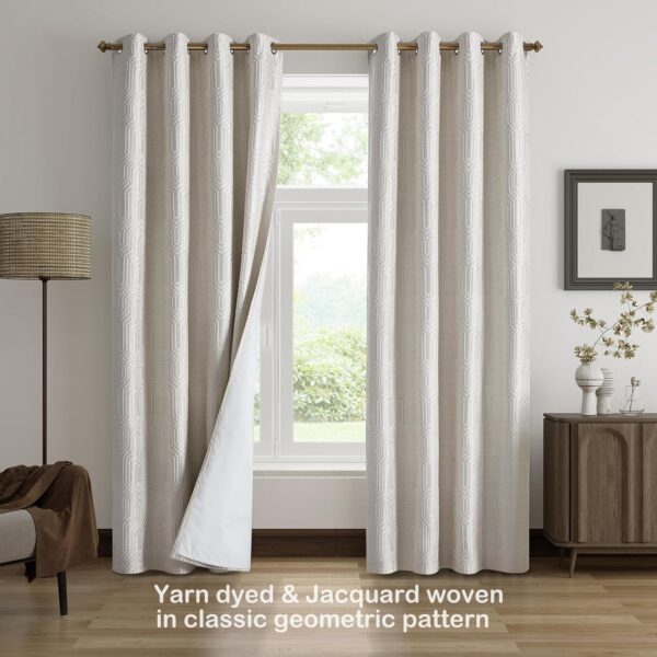 Beige and Silvery 100% Blackout Jacquard metric Pattern Curtains,52 Inch Wide 96 Inches Long 2 Panels, Thermal Insulated Noise Reducing Anti-Rust Grommet Drapes for Bedroom Living Room, Cream