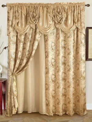 Jacquard Luxury Window 2 Panel Set Beige Curtain with Attached Valance and Backing Bedroom Living Room Dining 2 Curtains 55x84 inches Each