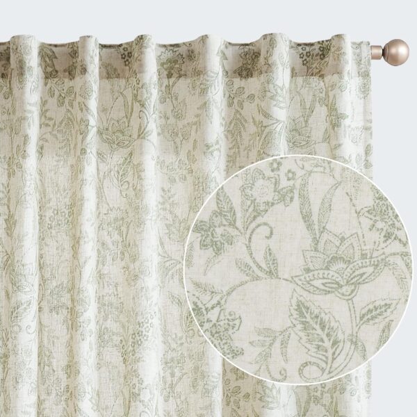 Linen Curtains  Green Floral Print Curtains 84 Inches Long Back Tab Drapes for Living Room Bedroom Semi Sheer Patterned Country Vintage Curtains 2 Panels Set Rod Pocket Green on Beige