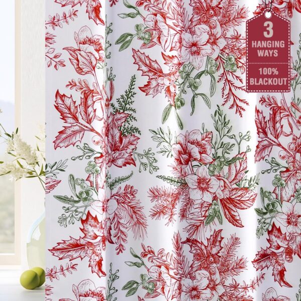 Christmas 100% Blackout Curtain Thermal Insulated Bedroom Curtains Back Tab/Rod Pocket Vintage Floral Curtains with Black Liner, 2 Panels Set 84 Inch, Christmas Red and Christmas Green