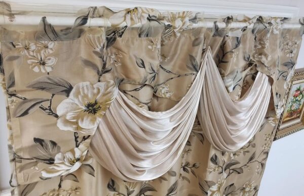 Burnt-Out Printed Organza Window Curtain Panel Drape with Attached Fancy Valance and Taffeta Backing (Sand, 55 x 84 inches + Attached Valance x 2pcs)