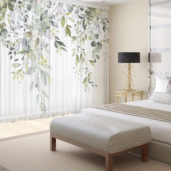 Green Eucalyptus Leaves Sheer Curtains for Living Room 84 inch Length 2 Panels Set Elegant Wild Flower Floral Spring Printed Window Curtain Natural Chiffon Drapes for Bedroom