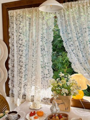 2 Panels French Curtains Lace Gauze for Living Room Cream Retro Wavy Edge Bedroom Bay Window Girl Embroidery Curtain Door White Tulle Rod Pocket (W51 XH63 White Color)