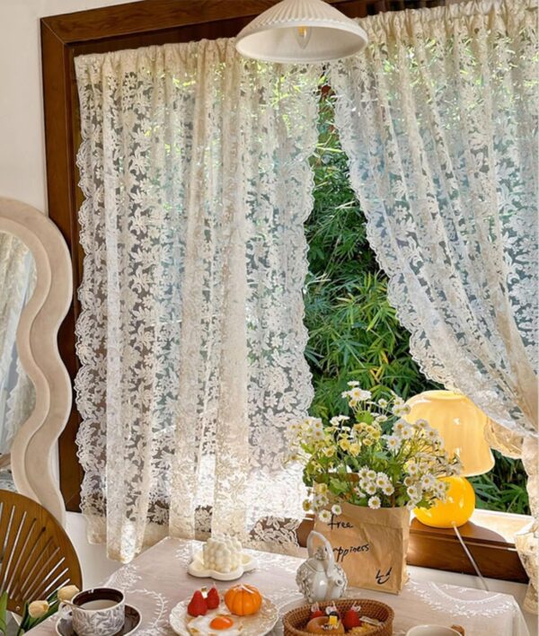 2 Panels French Curtains Lace Gauze for Living Room Cream Retro Wavy Edge Bedroom Bay Window Girl Embroidery Curtain Door White Tulle Rod Pocket (W51 XH63 White Color)