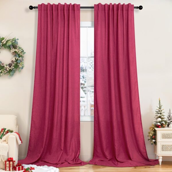 Christmas Red Hot Pink Curtains for Bedroom 84 Inch Length 2 Panels Back Tab Pocket Semi Sheer Linen Rainbow Colored Girls Curtain for Kids Room Living Xmas Raspberry Fuchsia Magenta 52x84 Long