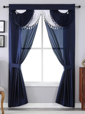 5-Piece Window Curtain Set - 54-Inch W x 84-Inch L Panels with Attached Valance and 2 Tiebacks - Bedroom Curtains and Living Room Curtains (Navy/White)