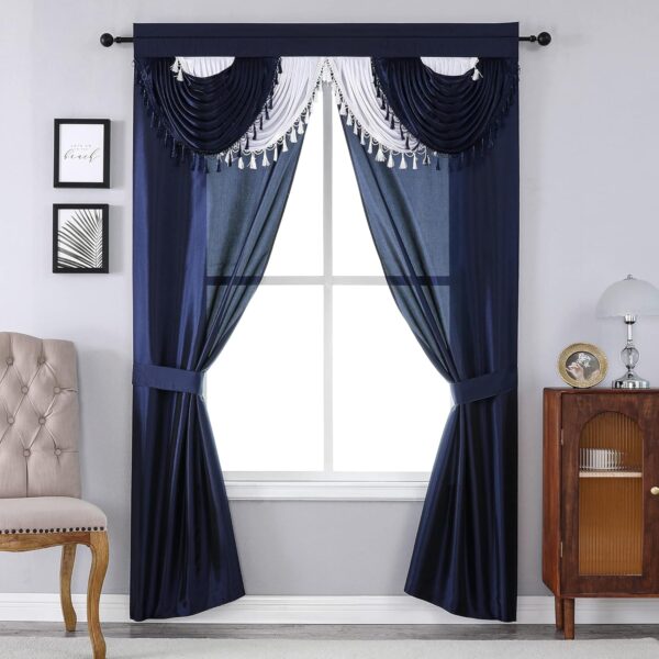 5-Piece Window Curtain Set - 54-Inch W x 84-Inch L Panels with Attached Valance and 2 Tiebacks - Bedroom Curtains and Living Room Curtains (Navy/White)