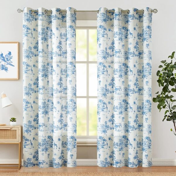 Linen Toile Curtains 84 Inches Long for Living Room Toile de Jouy Printed Farmhouse French Country Curtains Grommet Top Light Filtering Window Drapes for Bedroom 2 Panels Blue on Beige