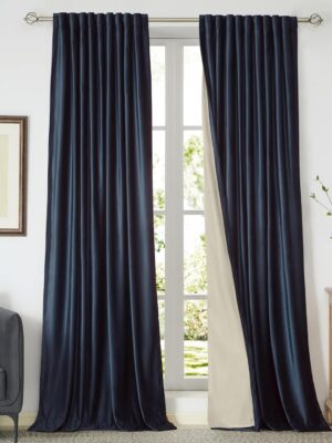 100% Full Blackout Navy Blue Velvet Curtains 108 inch Long for Living Room,Set of 2 Panels Liner Rod Pocket Back Tab Thermal Window Curtains Room Darkening Heavy Decorative Drapes for Bedroom