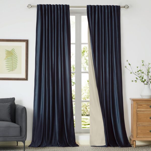 100% Full Blackout Navy Blue Velvet Curtains 108 inch Long for Living Room,Set of 2 Panels Liner Rod Pocket Back Tab Thermal Window Curtains Room Darkening Heavy Decorative Drapes for Bedroom