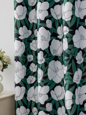 Dark Green Vintage Floral Blackout Curtains for Bedroom 84 inches Long 2 Panels Print White Flower Room Darkening Window Drapes for Living Room