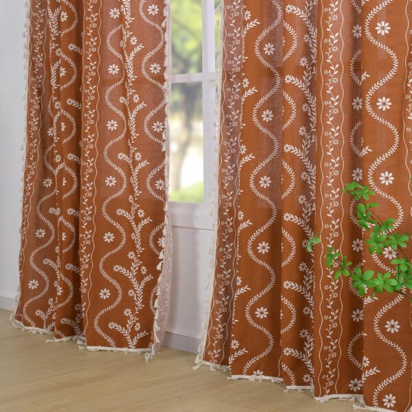 Terracotta Curtains 84 Inch Length Boho  Curtains for Living Room 2 Panels, Linen Semi Sheer Vintage  Printed Floral Curtains Burnt Orange Rustic Curtains Drapes