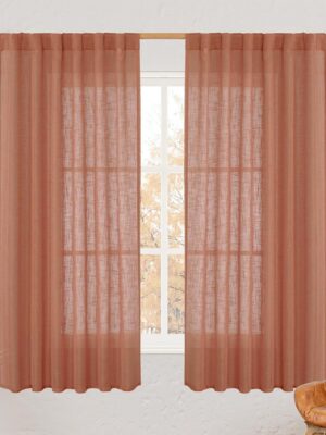 Terracotta Linen Curtains 63 Inch for Bedroom, Light Filtering Neutral Semi Sheer Window Boho Curtains Back Tab and Rod Pocket Panels for Living Room, 2 Panels, 52 x 63 Inch