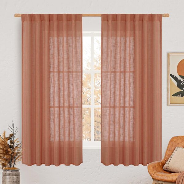 Terracotta Linen Curtains 63 Inch for Bedroom, Light Filtering Neutral Semi Sheer Window Boho Curtains Back Tab and Rod Pocket Panels for Living Room, 2 Panels, 52 x 63 Inch
