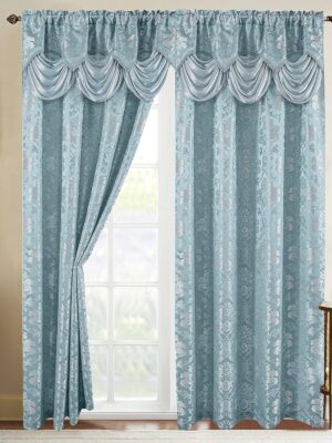 Elegant Comfort Jacquard Look Curtain Panel Set with Attached Waterfall Valance, (Set of 2), 54 x 84 Inches, Light Blue