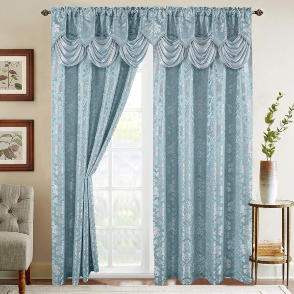 Elegant Comfort Jacquard Look Curtain Panel Set with Attached Waterfall Valance, (Set of 2), 54 x 84 Inches, Light Blue