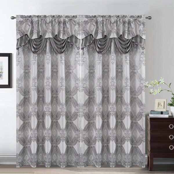 Elegance Curtains with Gold Silver Threads 2 Panels Set - Luxury Window Treatment Attached Valance, Sheer Backing, and 2 Tie Backs for Bedroom and Living Room, 54x84 inches, Silver