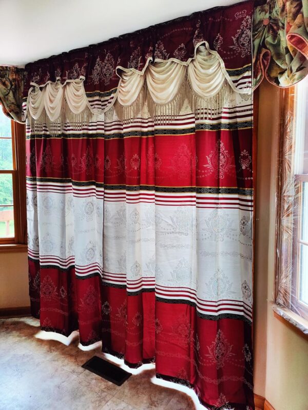 Jacquard Window Curtain Panel Drape with Attached Fancy Valance. 2pcs Set. Each pc 54" Wide x 90" Drop with 18" Valance. (Burgundy)