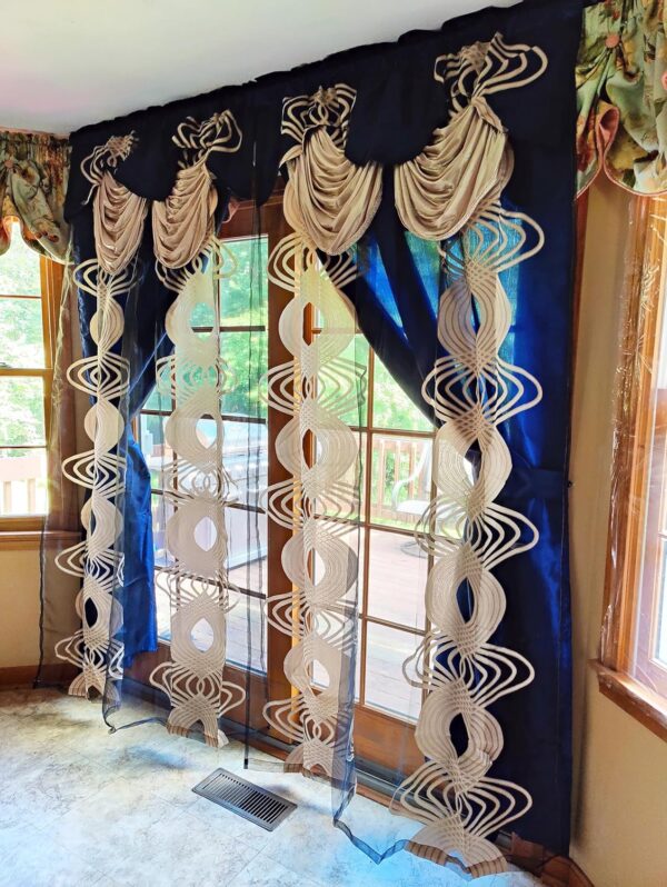 Voile Jacquard Window Curtain with Attached Fancy Valance and Taffeta Backing. 2pcs Set. Each pc 54 inch Wide x 90 inch Drop + 18 inch Valance. (Navy Blue)