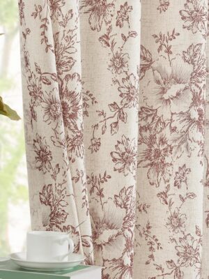 Linen Blend Curtains Floral Curtains for Living Room 90 Inch Length Brick Red Printed Curtains Rod Pocket Back Tab  Peony Flower Patterned Drapes Bedroom Window Curtain Set 2 Panels