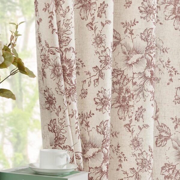 Linen Blend Curtains Floral Curtains for Living Room 90 Inch Length Brick Red Printed Curtains Rod Pocket Back Tab  Peony Flower Patterned Drapes Bedroom Window Curtain Set 2 Panels