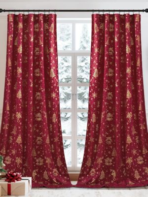 Christmas Curtains for Living Room Red Curtains 96 inches Velvet Foil Print Christmas Tree Bells Home Decor for Party Backdrops Bedroom Dining, W50 x L96 inches, 2 Panels