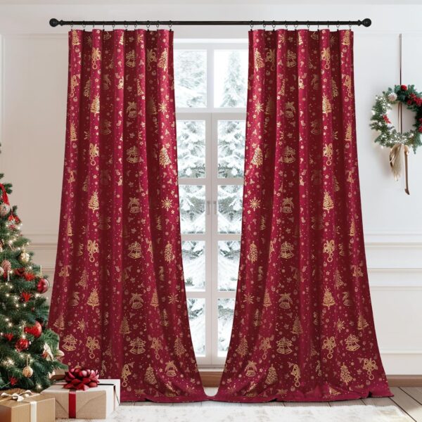 Christmas Curtains for Living Room Red Curtains 96 inches Velvet Foil Print Christmas Tree Bells Home Decor for Party Backdrops Bedroom Dining, W50 x L96 inches, 2 Panels