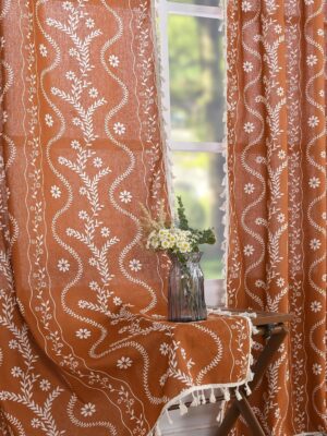 Terracotta Curtains 84 Inch Length Boho  Curtains for Living Room 2 Panels, Linen Semi Sheer Vintage  Printed Floral Curtains Burnt Orange Rustic Curtains Drapes