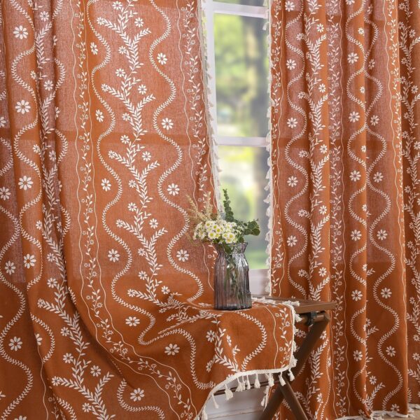 Terracotta Curtains 84 Inch Length Boho  Curtains for Living Room 2 Panels, Linen Semi Sheer Vintage  Printed Floral Curtains Burnt Orange Rustic Curtains Drapes