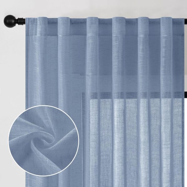 Linen Sheer Curtains 84 Inches Long, Rod Pocket & Back Tab Linen Texture Semi Sheer Window Covering, Light Airy Privacy Sheer Panels for Bedroom Living Room 52" W x 84" L, Dusty Blue, Set of 2
