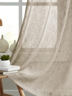 Tan Linen Sheer Curtains 84 Inches Long for Bedroom, Living Room Natural Flax Textured Light Filtering Rod Pocket Burlap Sheer Voile Drapes, 52x84 Inch, 2 Panels