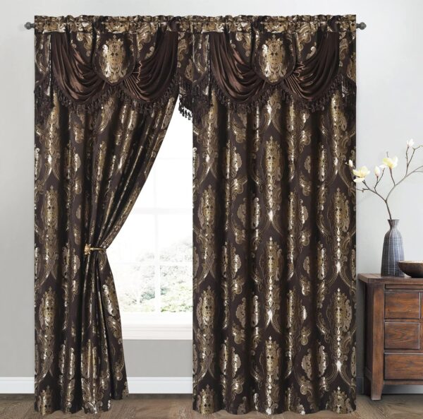 Jacquard Window Curtain Panel Drape with Attached Fancy Valance. 2pcs Set. (Chocolate, 54" Wide x 84" Drop with 18" Valance x 2pcs)