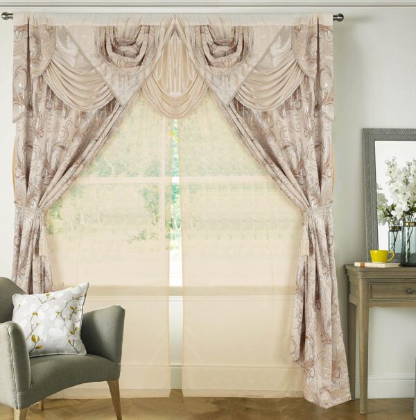 Jacquard Luxury Window 2 Panel Set Beige Curtain with Attached Valance and Backing Bedroom Living Room Dining 2 Curtains 55x84 inches Each