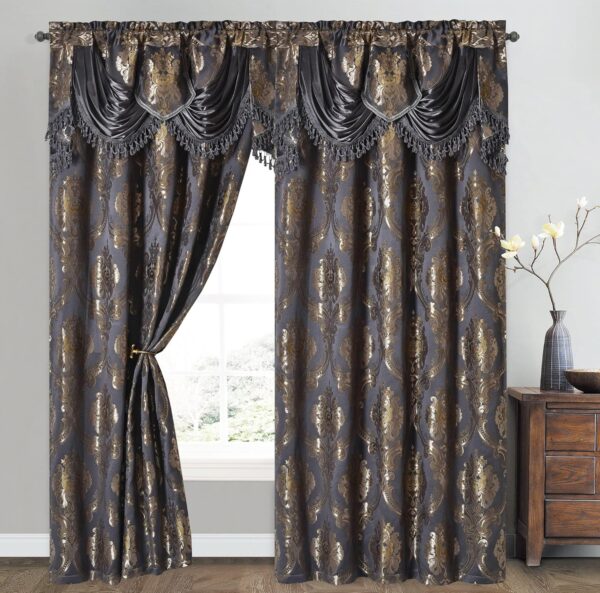 Jacquard Window Curtain Panel Drape with Attached Fancy Valance. 2pcs Set. (Deep Grey, 54" Wide x 84" Drop with 18" Valance x 2pcs)