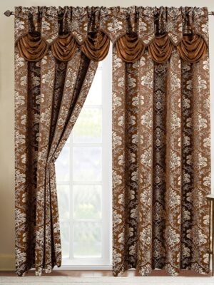 Elegant Comfort Jacquard Look Curtain Panel Set with Attached Waterfall Valance, (Set of 2), 54 x 84 Inches, Chocolate Brown