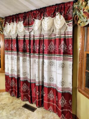 Jacquard Window Curtain Panel Drape with Attached Fancy Valance. 2pcs Set. Each pc 54" Wide x 90" Drop with 18" Valance. (Burgundy)