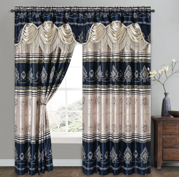 Jacquard Farmhouse Window Curtain Panel Drape with Attached Fancy Valance. 2pcs Set. Each pc 54" Wide x 90" Drop with 18" Valance. (Navy Blue)