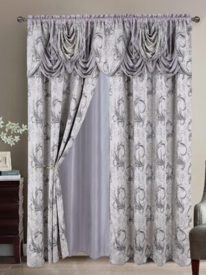 Jacquard Luxury 2 Curtain Panel Set with Attached Valance and Backing Bedroom Living Room Dining 54X84 inches Silver Gray