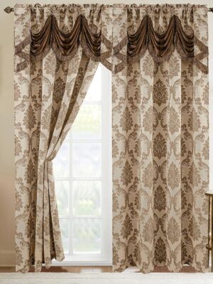 Elegant Comfort Jacquard Look Curtain Panel Set with Attached Waterfall Valance, (Set of 2), 54 x 84 Inches, Beige/Brown